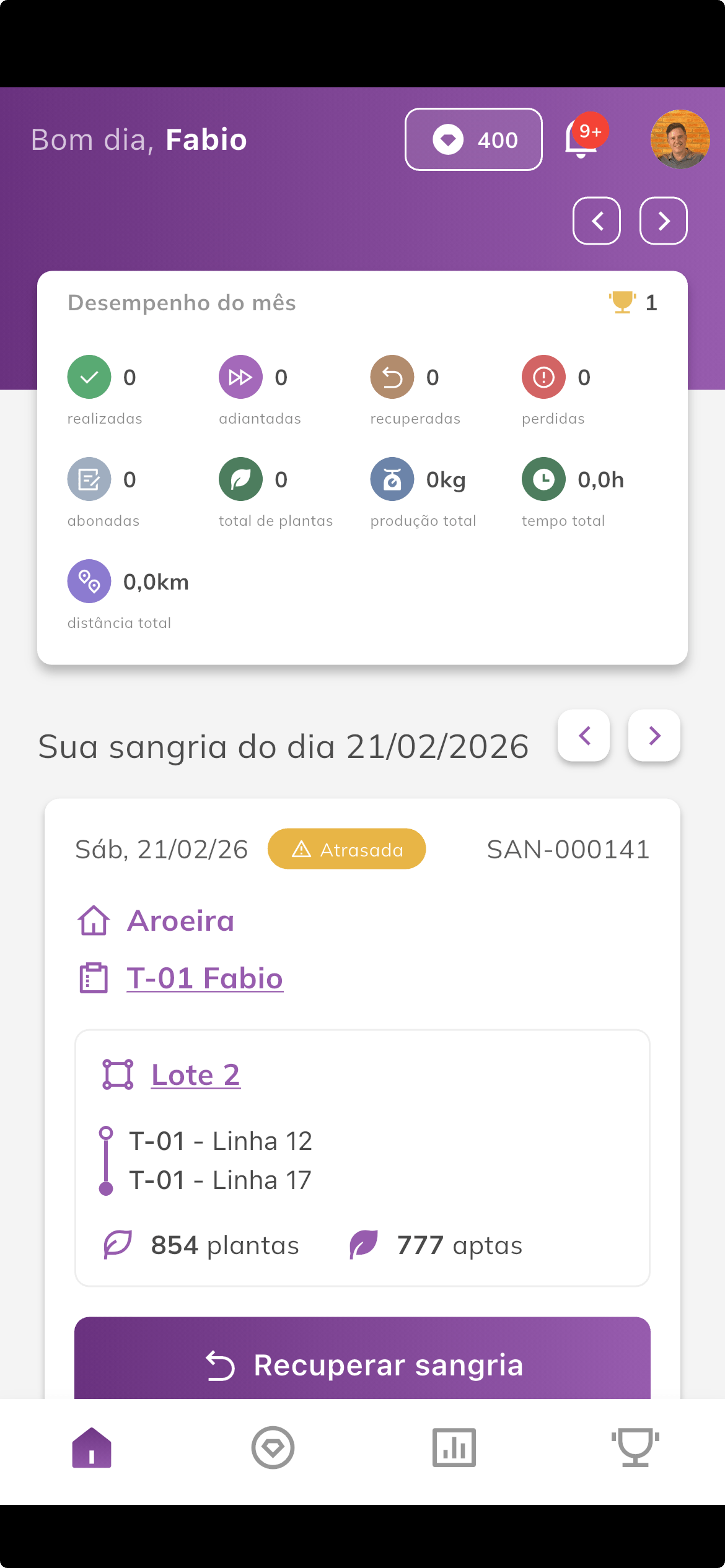 Calendário de sangrias no app Hevea Flow Produtor