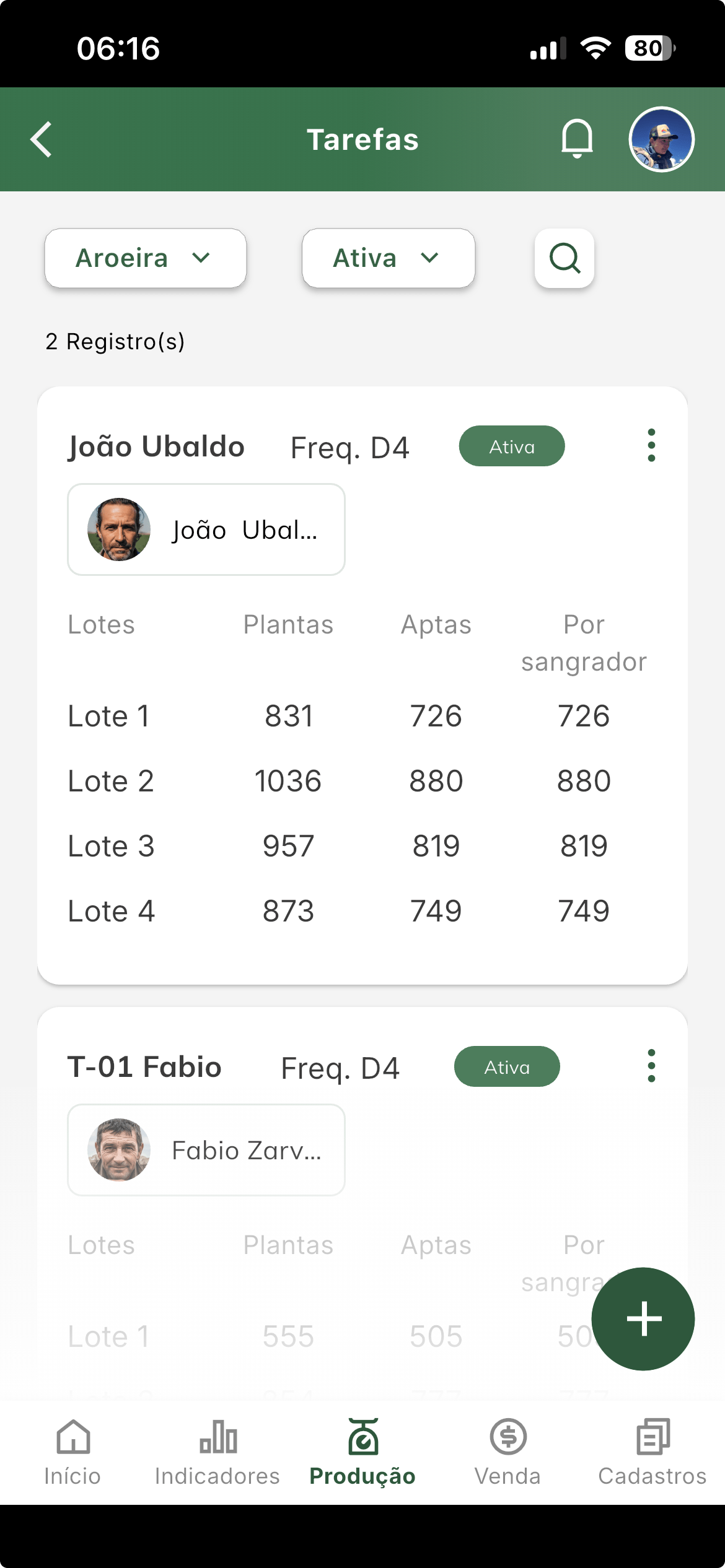 Tela de tarefas de sangria no app Hevea Flow Produtor
