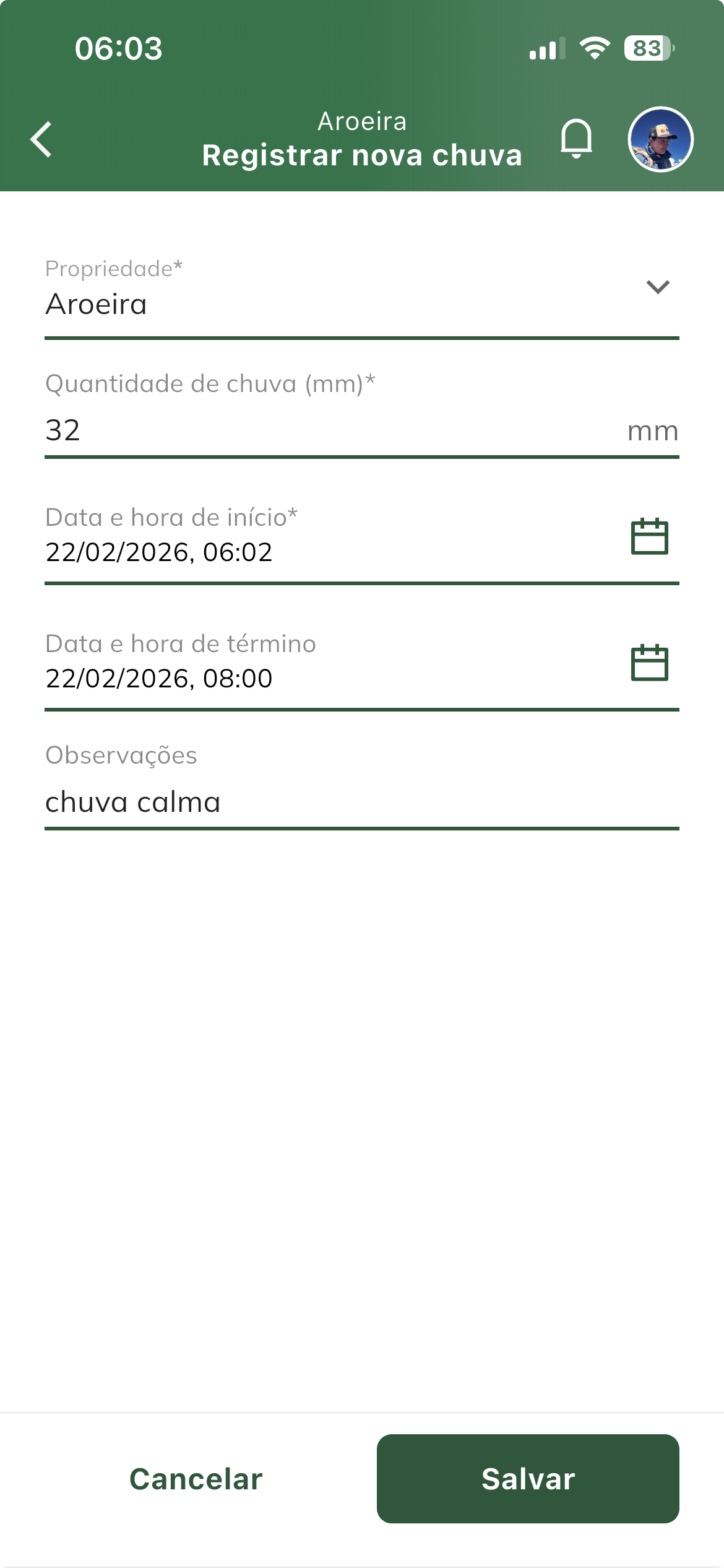 Controle de chuvas no app Hevea Flow Produtor